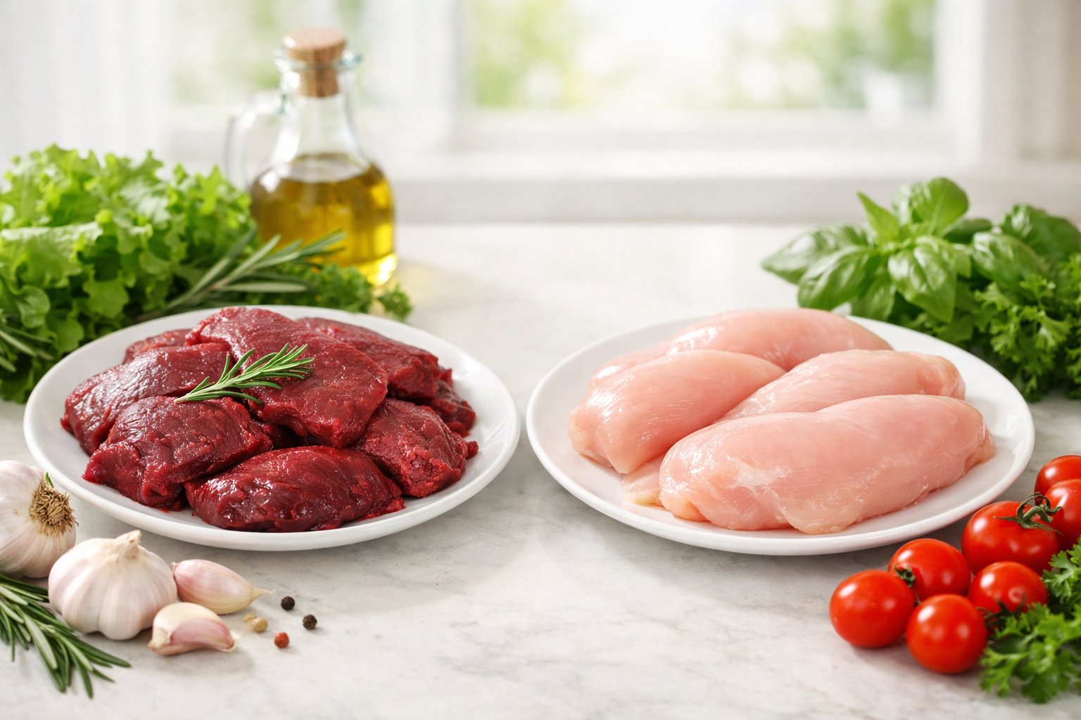 A kitchen countertop with plates of raw deer meat and chicken breast surrounded by fresh vegetables and herbs.