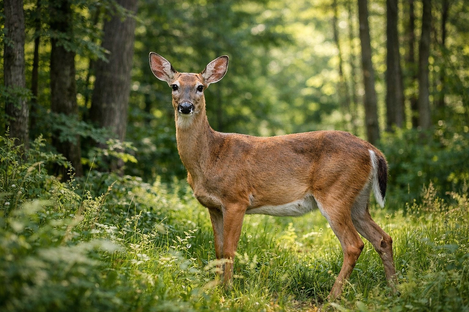 A wild deer standing in a forest clearing surrounded by trees and green plants.