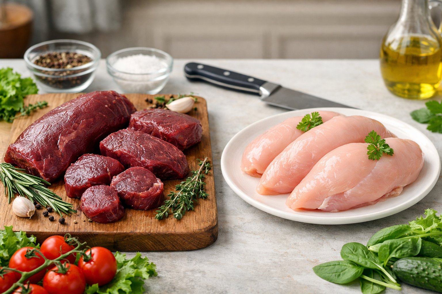 A kitchen scene showing raw venison and chicken displayed with fresh vegetables and herbs on a wooden cutting board and plate.