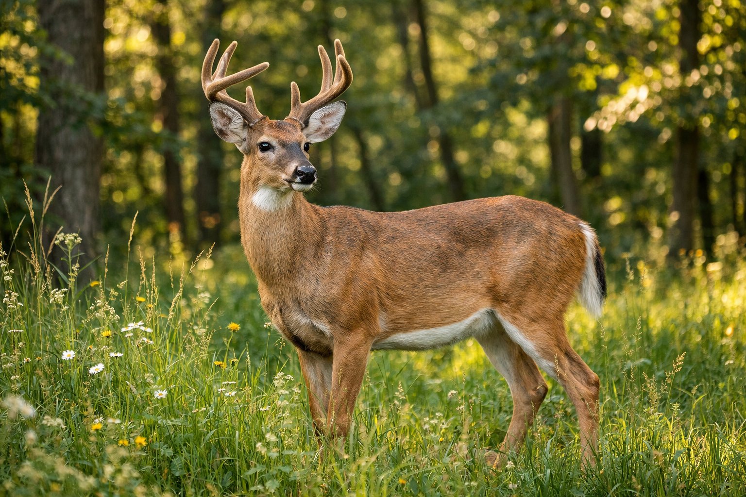 A wild deer standing in a green forest with sunlight filtering through the trees.
