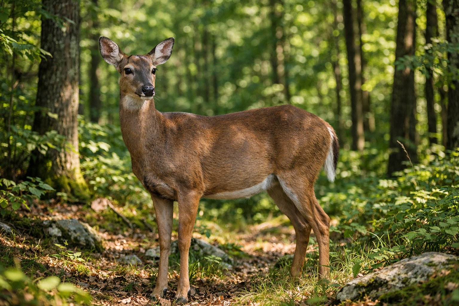 A wild deer standing in a green forest with sunlight filtering through the trees.