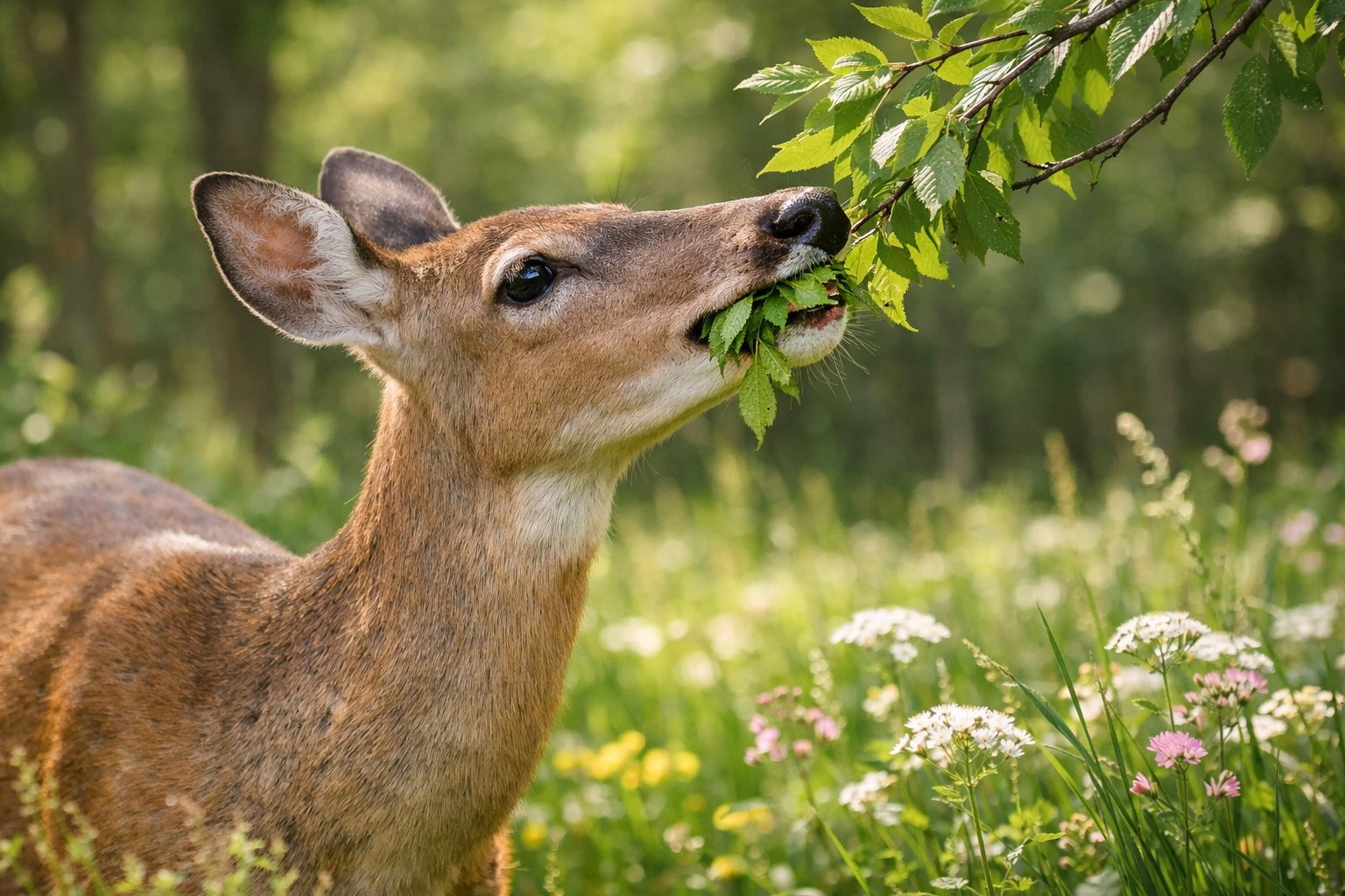 A deer eating fresh green leaves from a branch in a forest clearing.