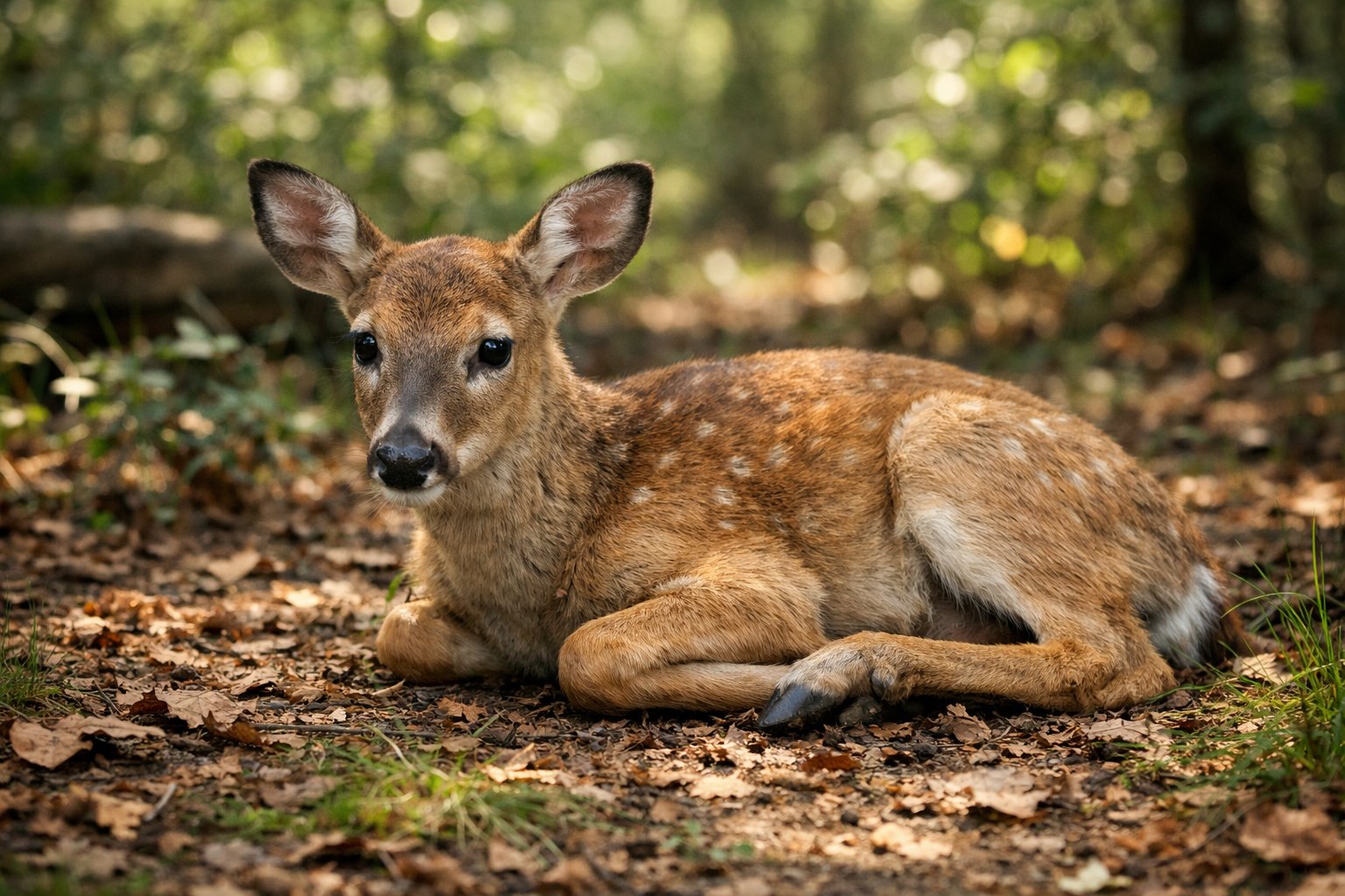 A young deer lying on the forest floor surrounded by trees and greenery, unable to stand up.