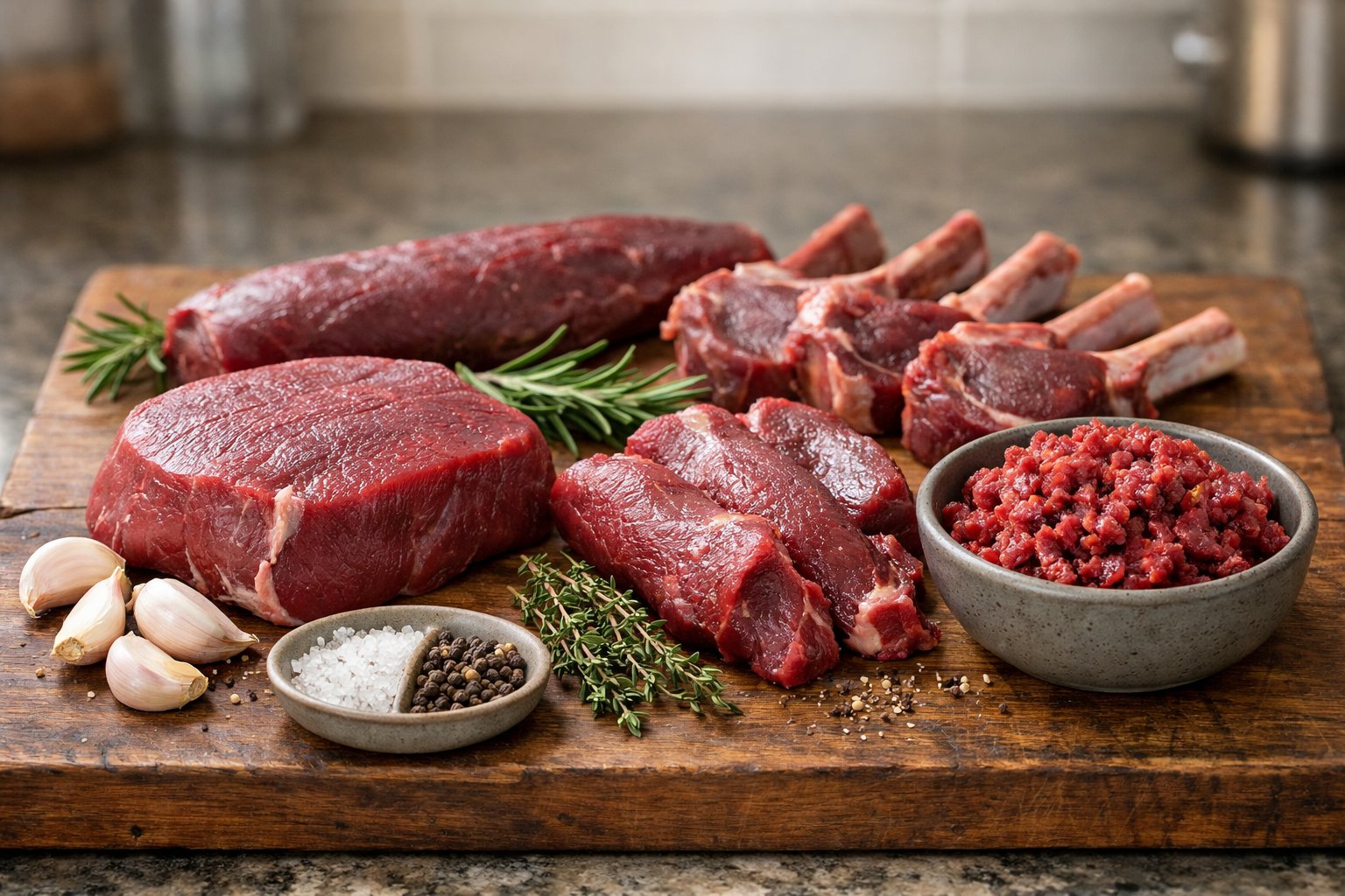 Various fresh cuts of raw venison arranged on a wooden cutting board with herbs and spices on a kitchen countertop.