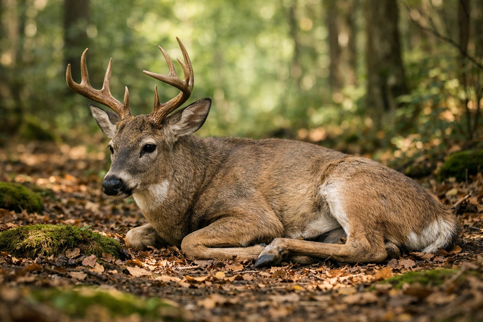 A deer lying on the forest floor, unable to stand up, surrounded by trees and greenery.