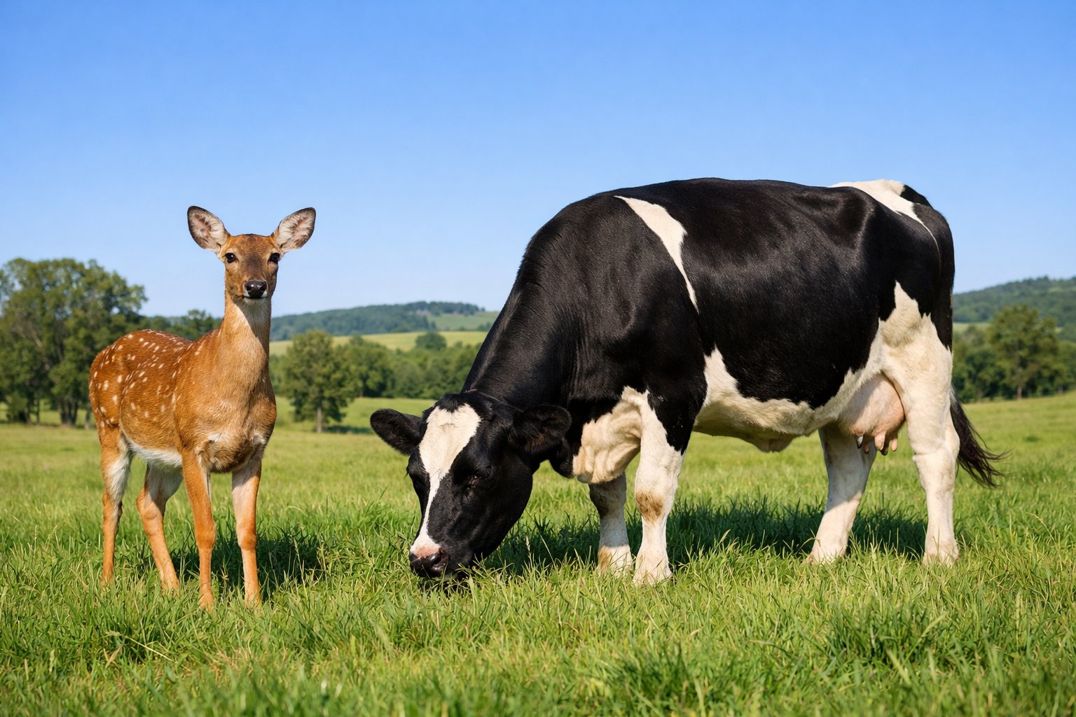 A deer and a cow standing together in a green pasture with hills and trees in the background.