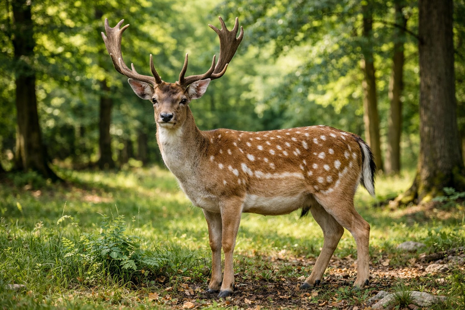 An adult deer standing in a sunlit forest clearing surrounded by trees and grass.
