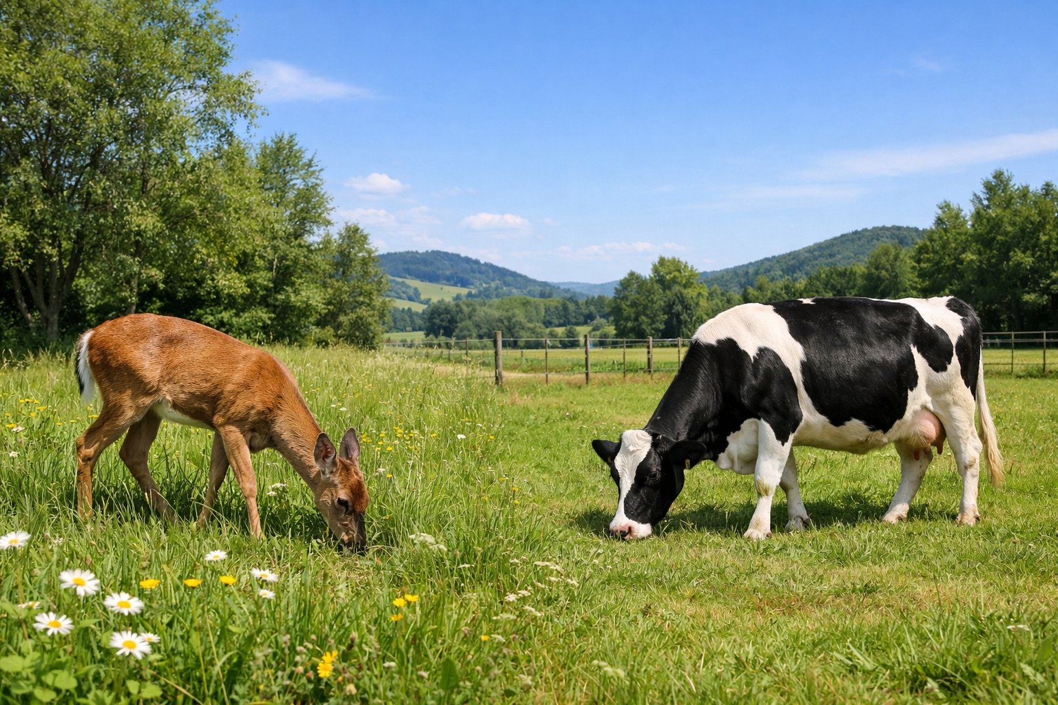 A wild deer and a cow grazing separately in clean, green pastures under a clear blue sky with rolling hills and trees in the background.