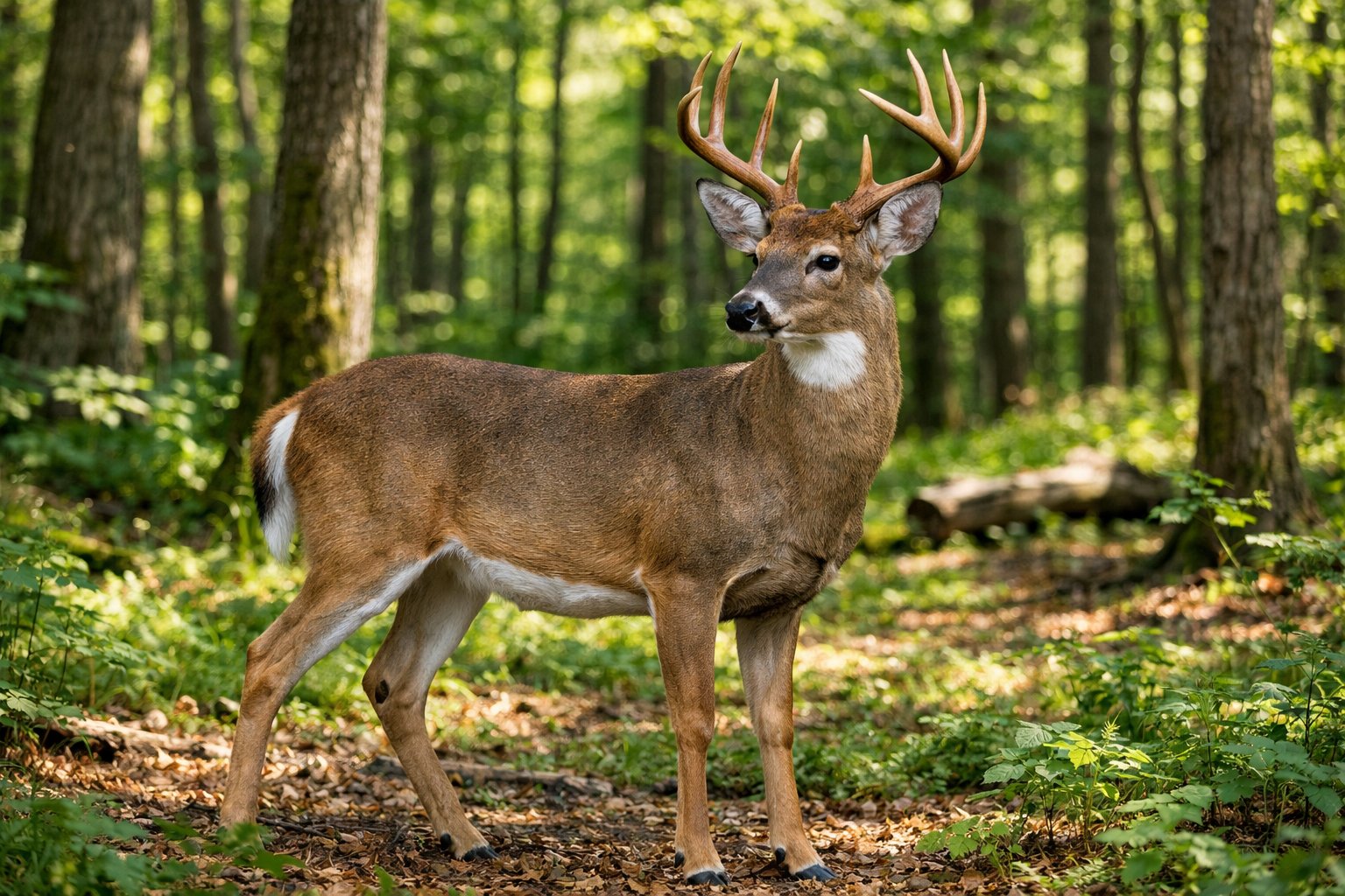 An adult deer standing in a green forest with sunlight filtering through the trees.