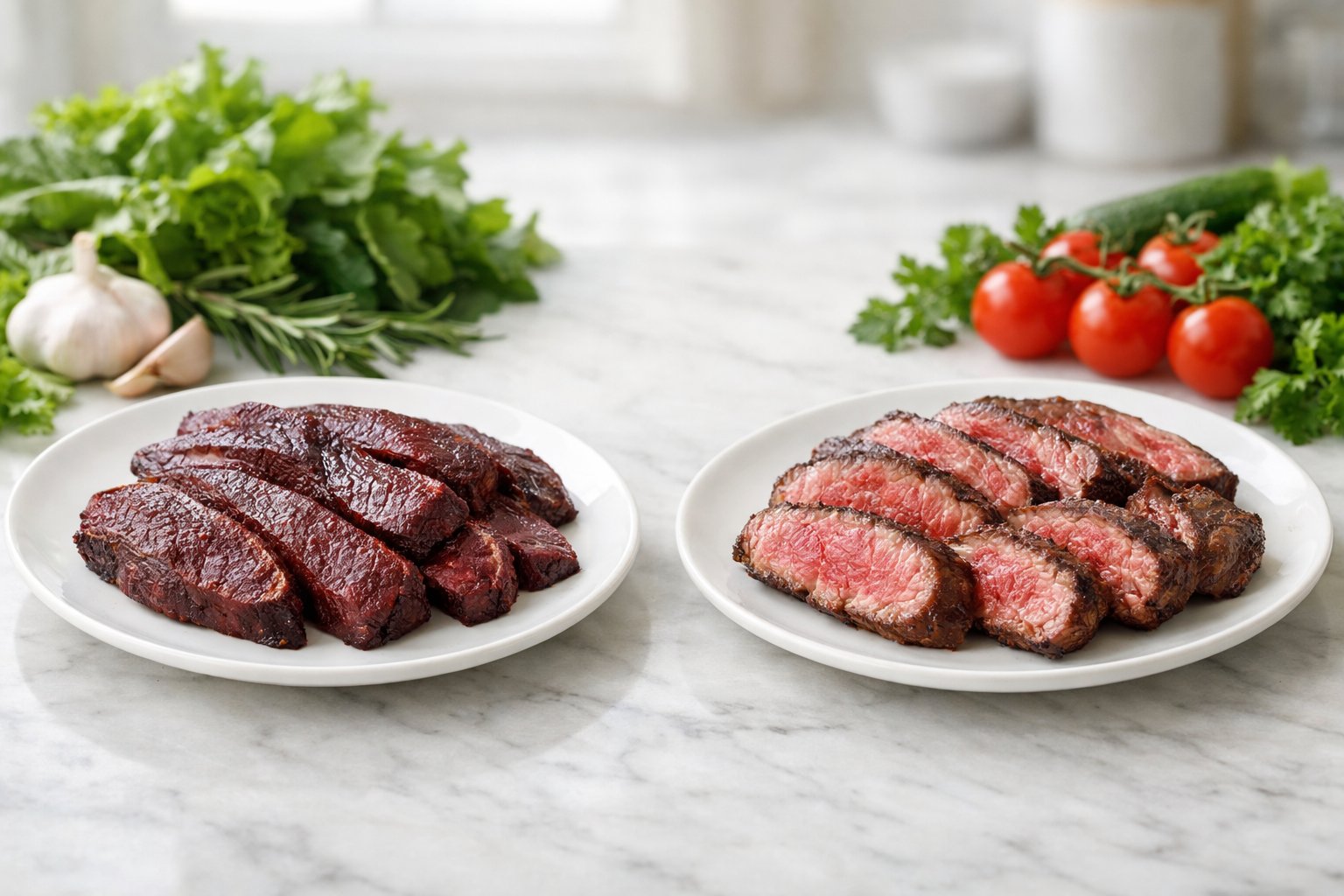 Two plates on a kitchen countertop, one with cooked venison and the other with cooked beef, surrounded by fresh vegetables.