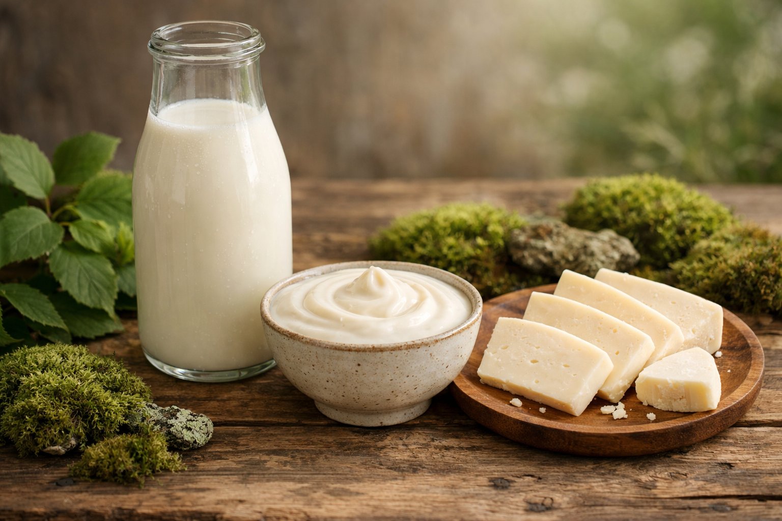 A wooden table displaying a glass bottle of deer milk, a bowl of yogurt, and slices of cheese with green leaves and moss around them.