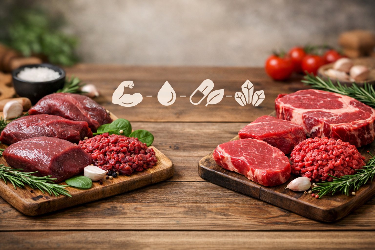 A table displaying raw venison and beef cuts side by side with fresh herbs and vegetables, highlighting a nutritional comparison.