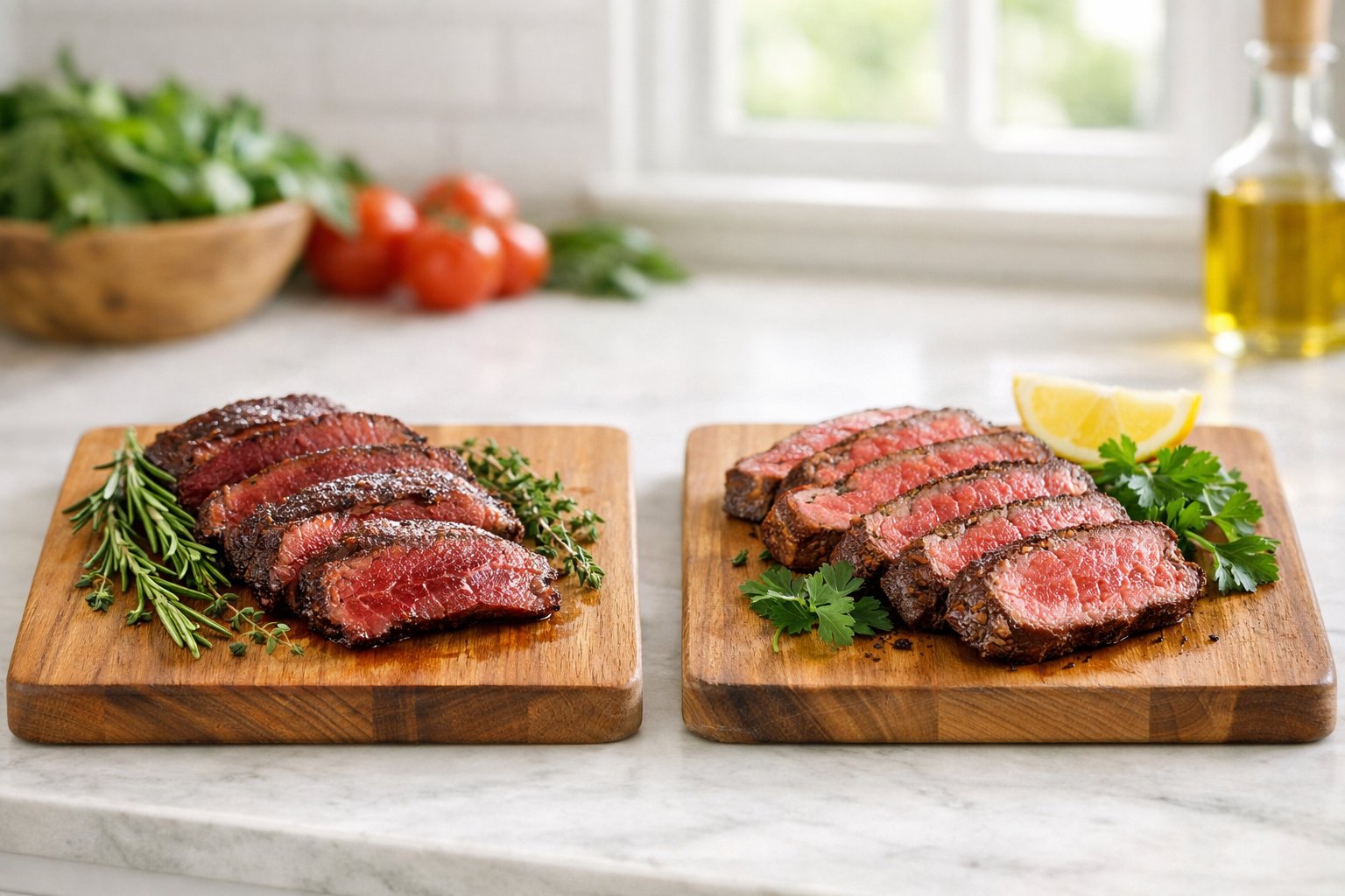 Two wooden cutting boards on a kitchen countertop displaying sliced cooked deer meat and cooked cow meat with fresh herbs and vegetables around them.