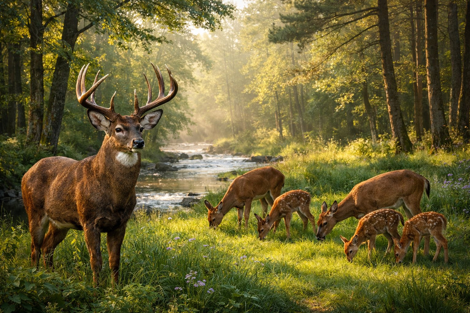 A group of deer including a male with antlers, females, and fawns standing and grazing in a forest near a stream.