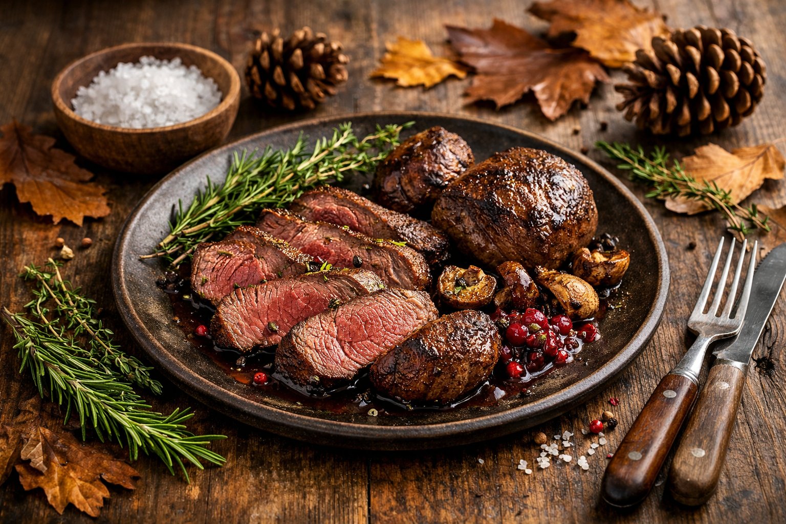 A plate of cooked venison meat garnished with herbs on a wooden table with natural autumn decorations.