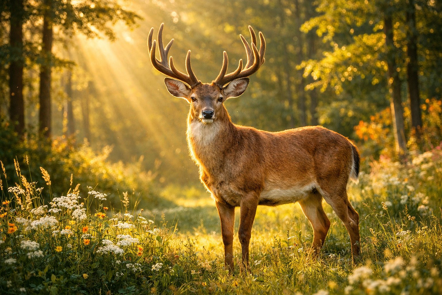 A deer standing calmly in a sunlit forest clearing surrounded by trees and wildflowers.