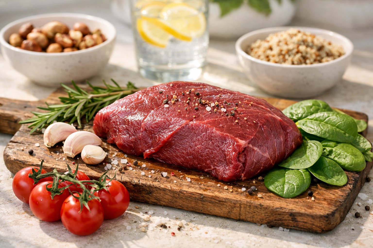 Fresh raw deer steak on a wooden cutting board surrounded by vegetables and herbs in a bright kitchen setting.