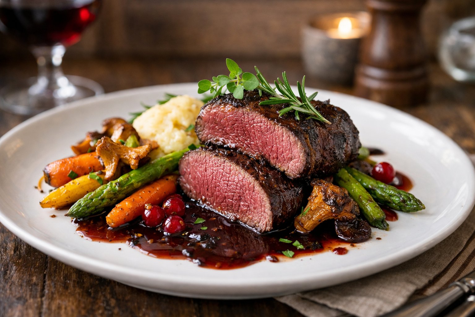 A plated venison steak served with vegetables on a dining table in a warm, rustic setting.