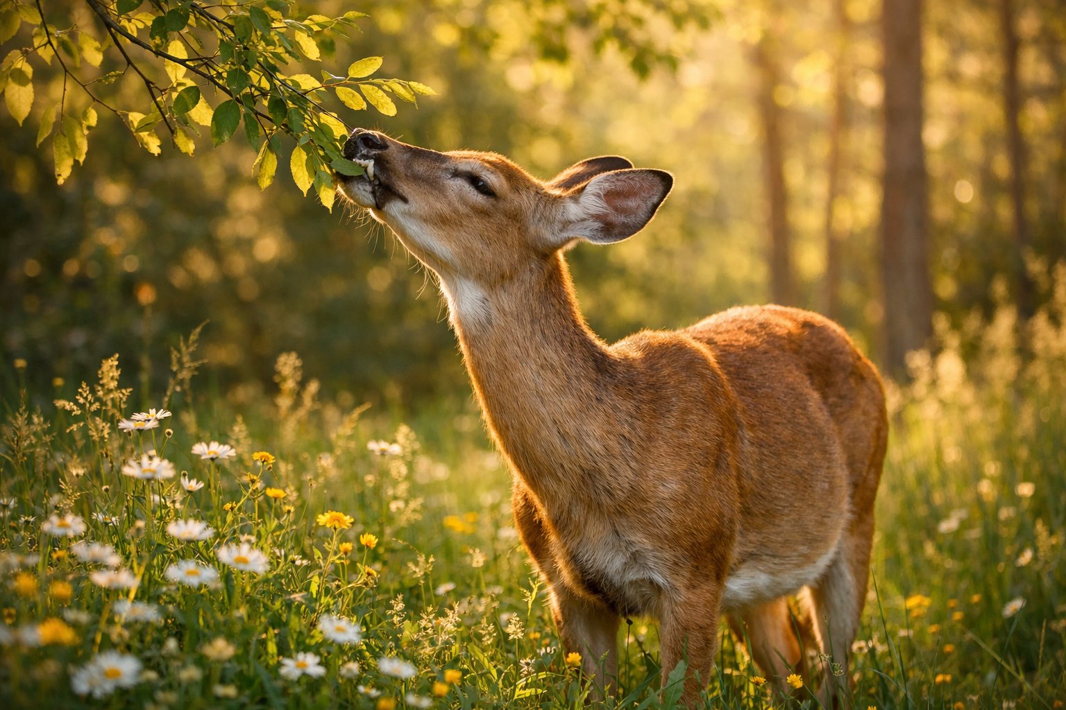 A deer peacefully eating leaves from a branch in a forest meadow surrounded by trees and wildflowers.