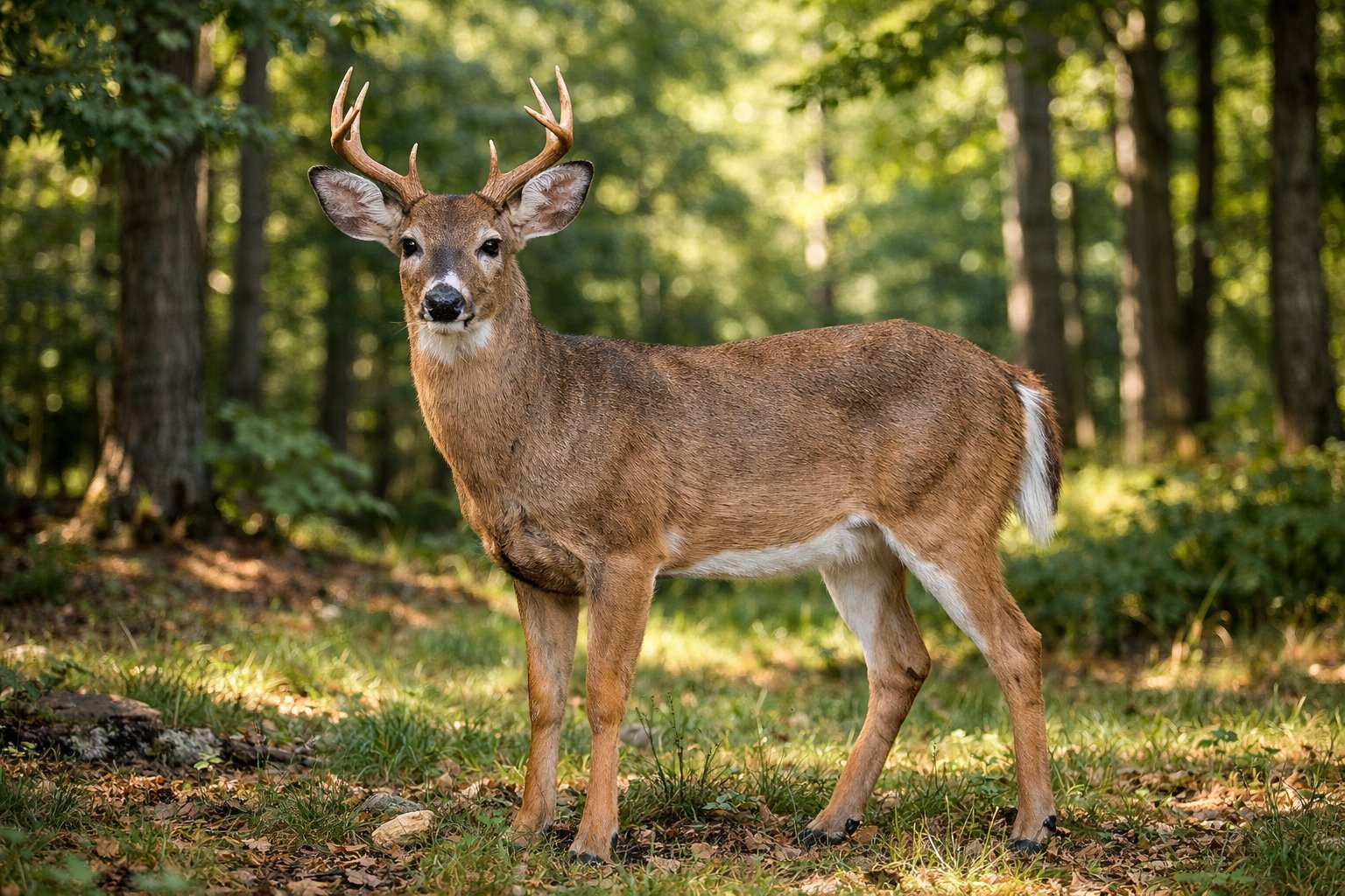 A deer standing in a forest clearing with trees and sunlight filtering through the leaves.