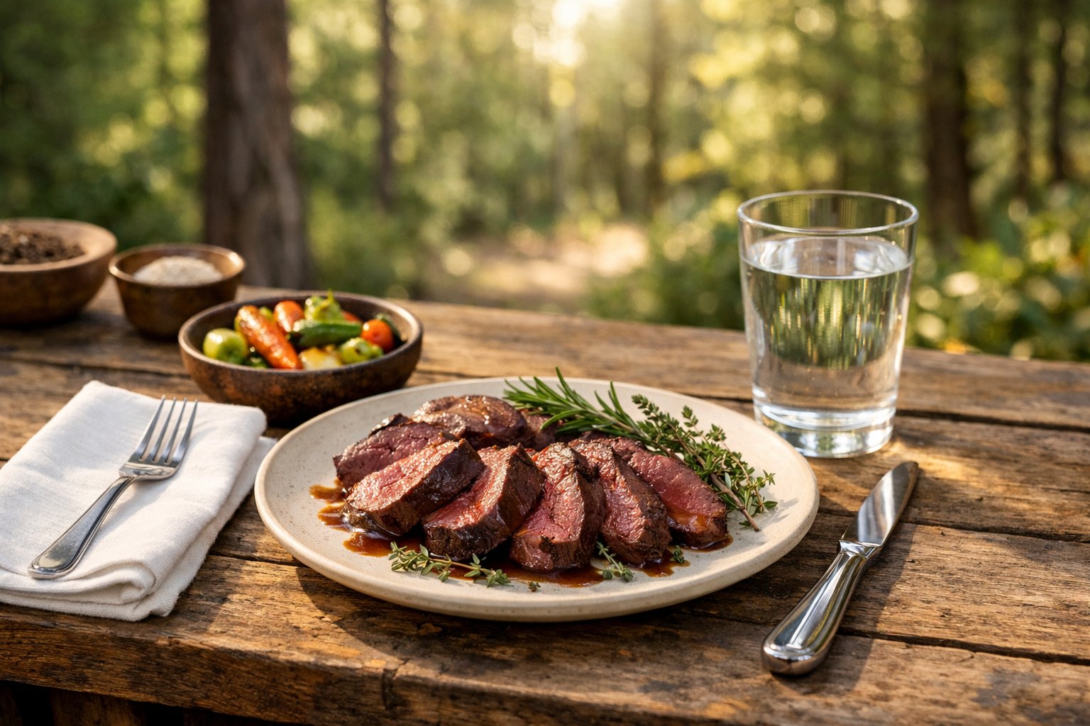 A plate of cooked deer meat garnished with herbs on a wooden table outdoors in a forest setting with natural sunlight.
