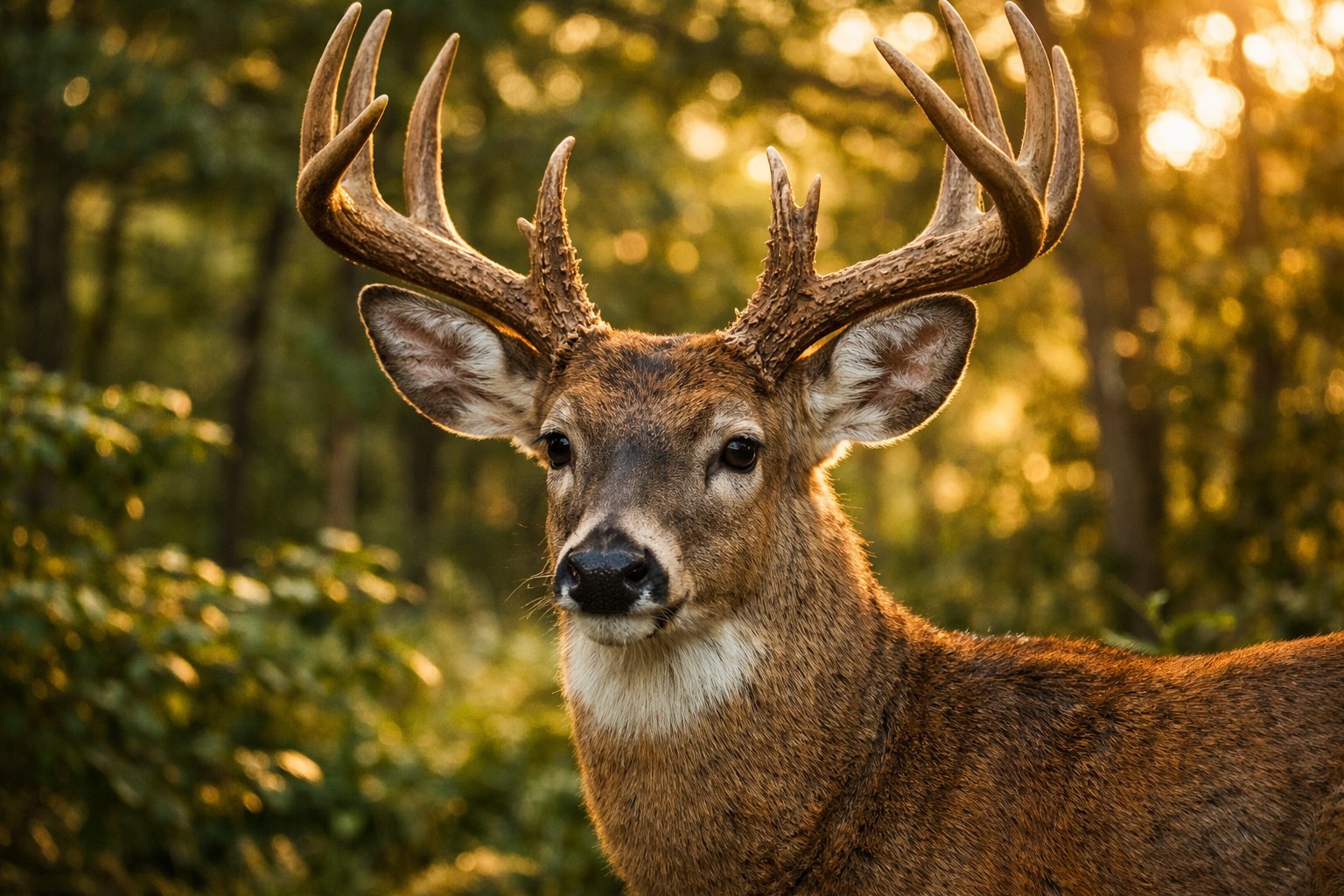 Close-up of a deer with large antlers standing in a sunlit forest.