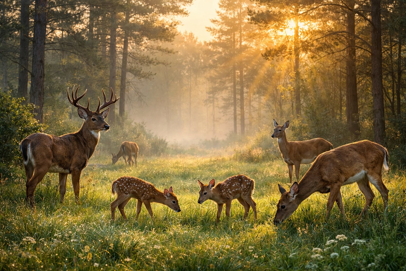A group of deer grazing in a forest clearing at dawn with soft sunlight and mist.