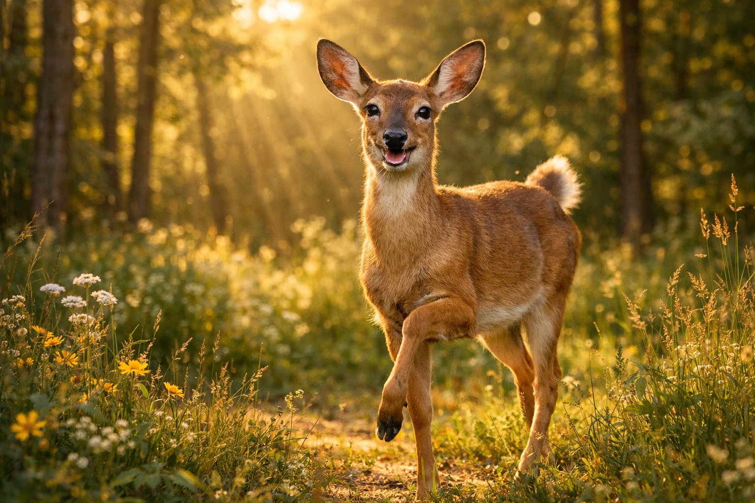 A deer standing in a sunlit forest clearing, looking happy and relaxed among green trees and wildflowers.