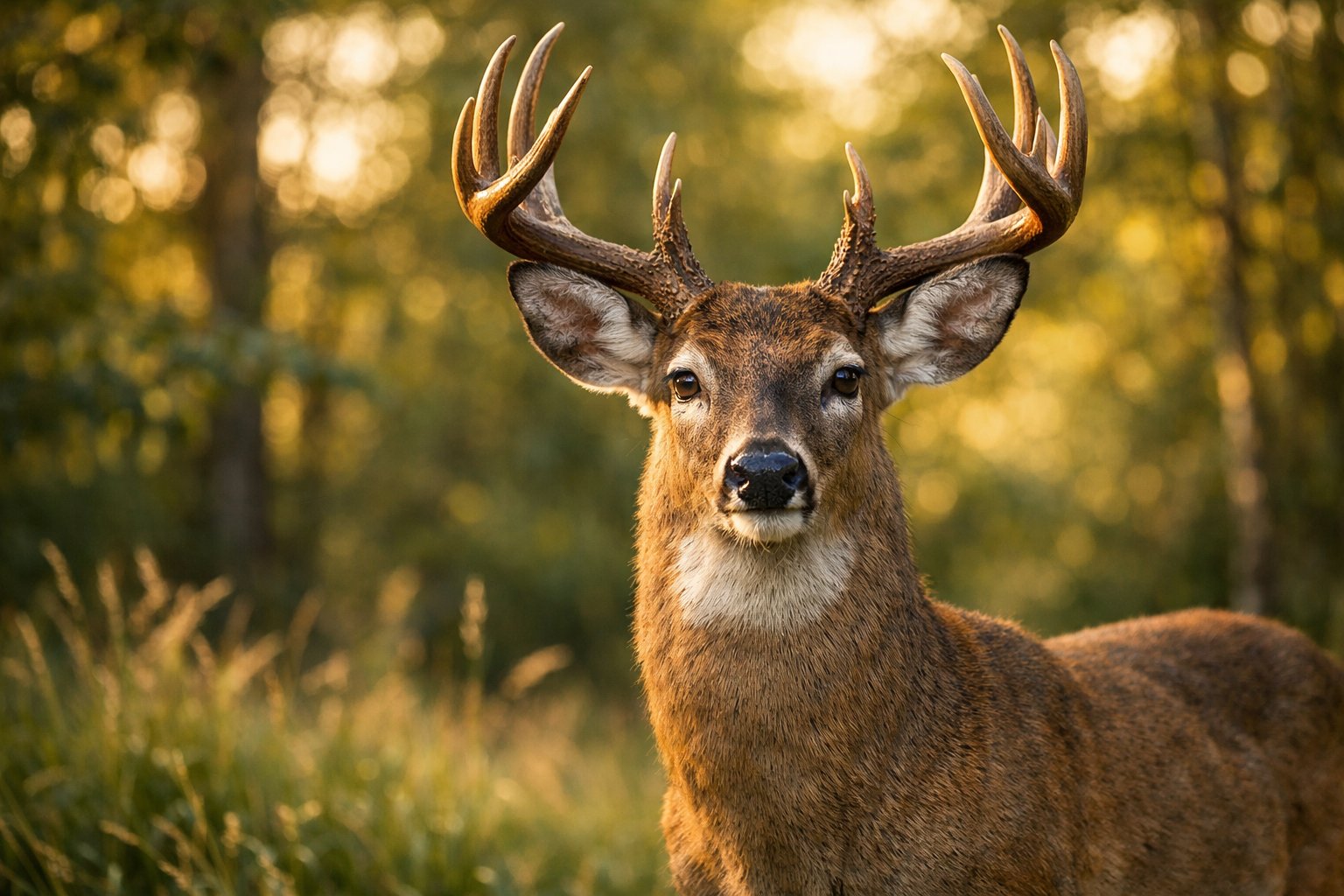 A deer standing alert in a forest clearing with sunlight filtering through the trees.