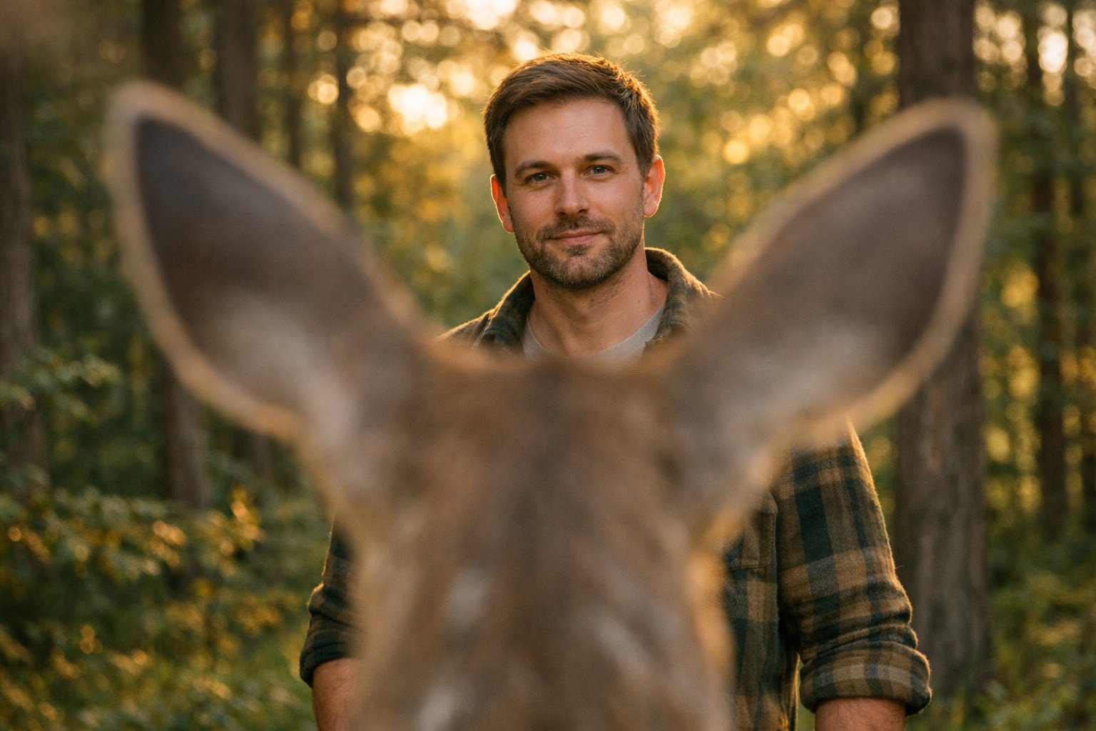 View of a person standing calmly in a forest as seen from a deer's perspective.