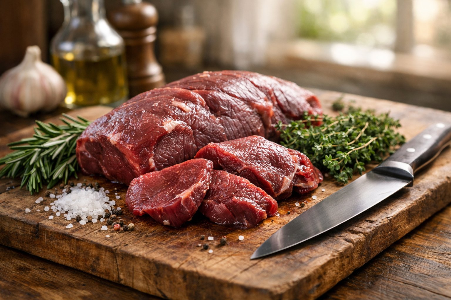 Raw venison meat on a wooden cutting board with herbs and a knife in a kitchen setting.
