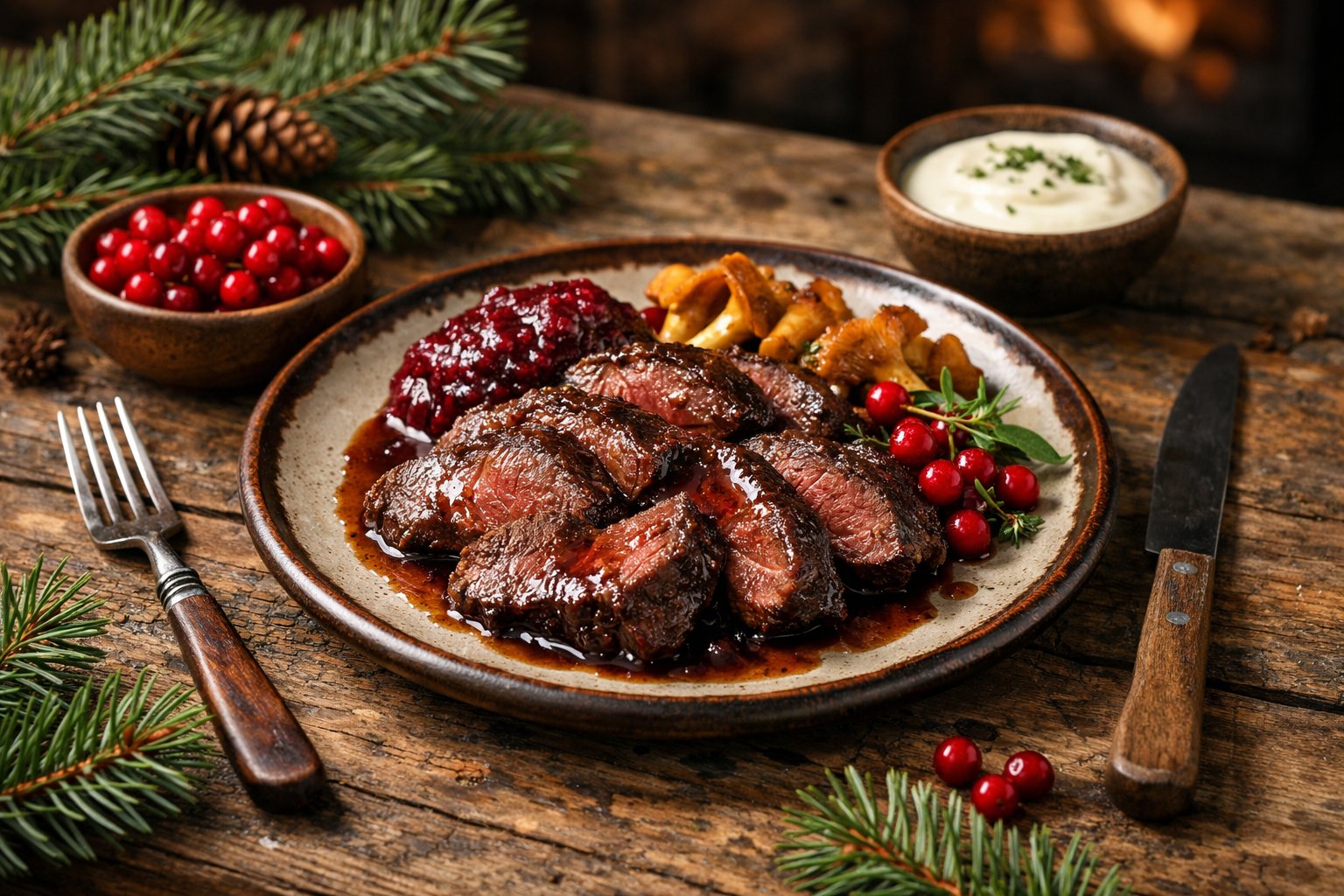 A plate of cooked reindeer meat served with lingonberries and sauce on a wooden table with pine branches nearby.