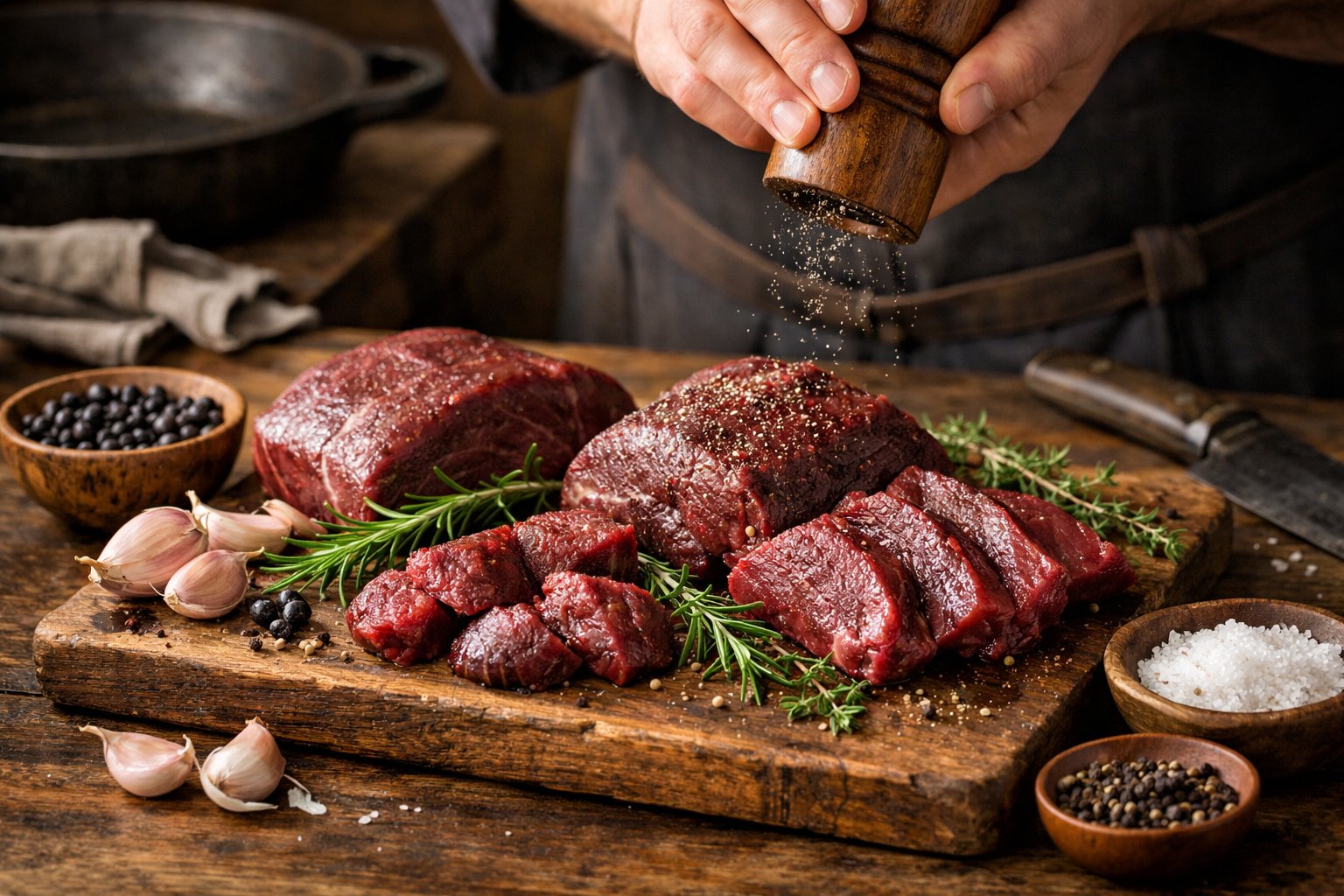 A kitchen scene with fresh reindeer meat on a wooden cutting board surrounded by herbs and spices, with a chef seasoning the meat.