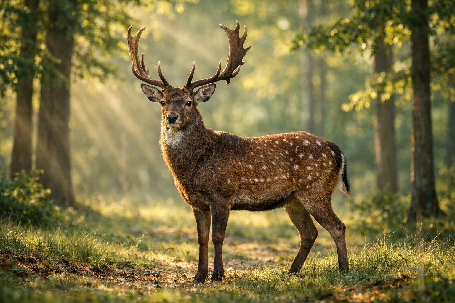 An adult deer standing in a sunlit forest clearing surrounded by trees and grass.