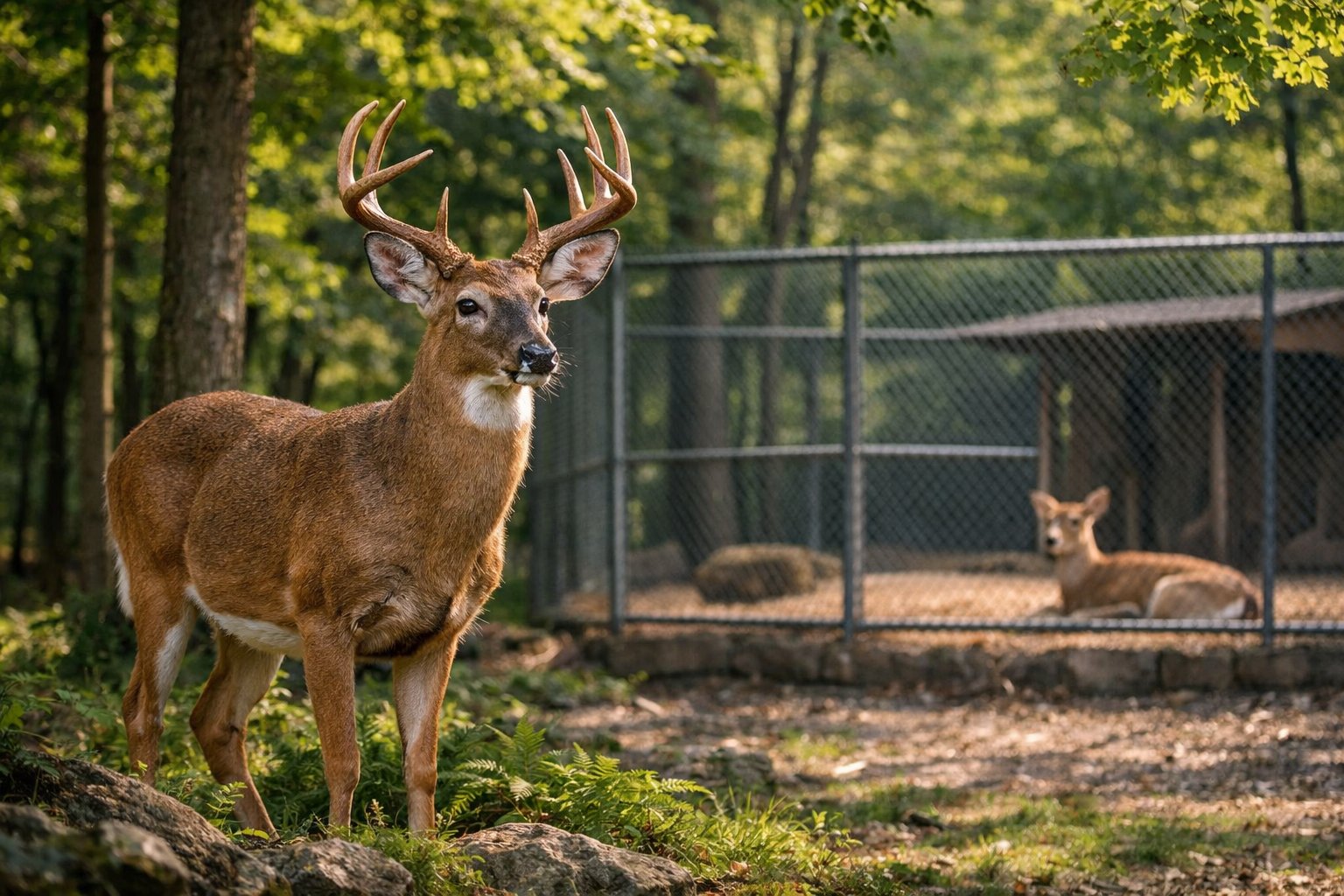 An adult deer standing in a forest with sunlight filtering through trees and another deer resting inside a fenced enclosure in the background.