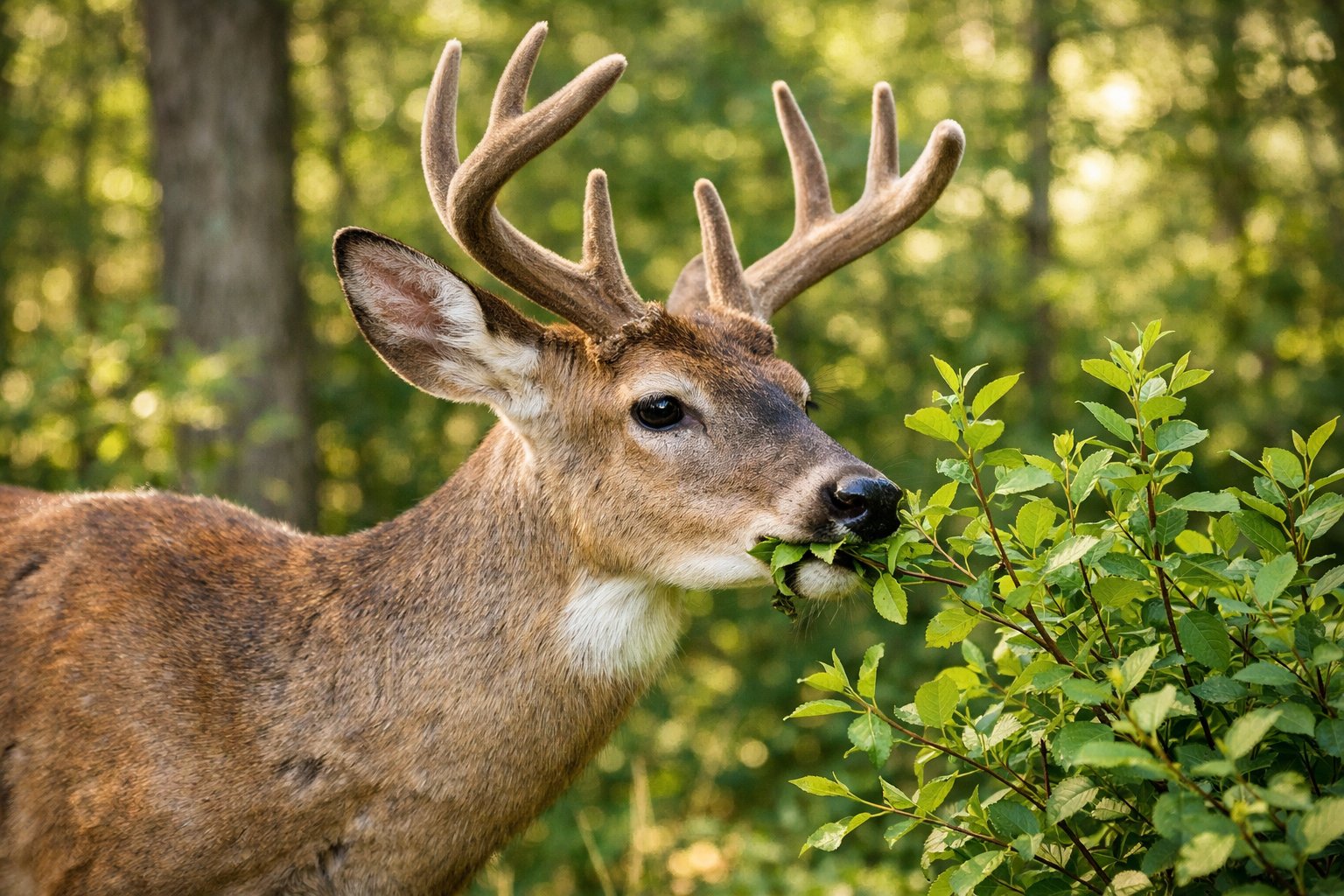 A deer eating green leaves in a forest with sunlight filtering through the trees.