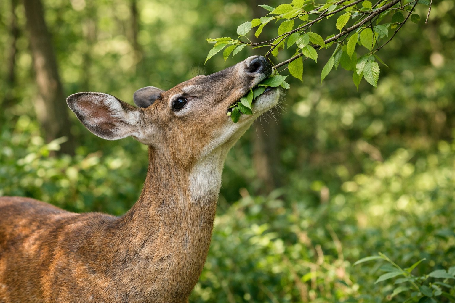 A deer eating green leaves from a tree branch in a forest.