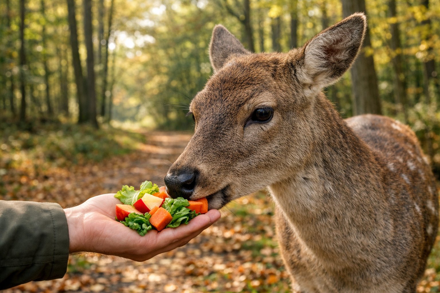 A wild deer in a UK woodland eating natural food from a person's hand surrounded by trees and soft sunlight.