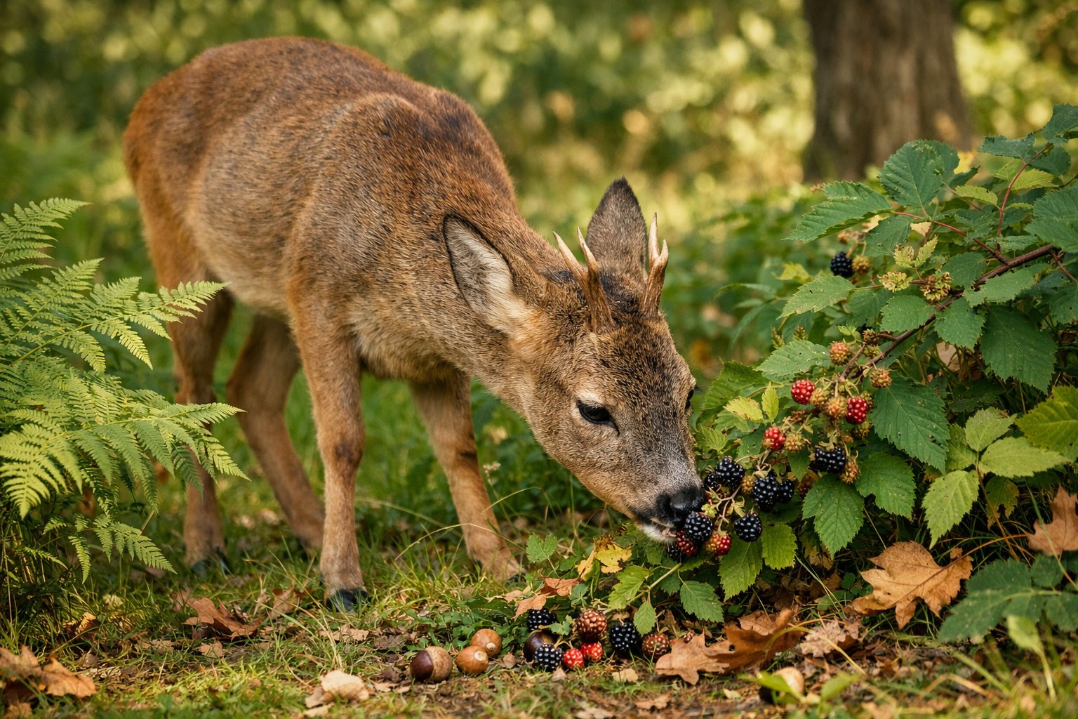 A wild deer grazing on plants and berries in a UK woodland surrounded by trees and natural vegetation.