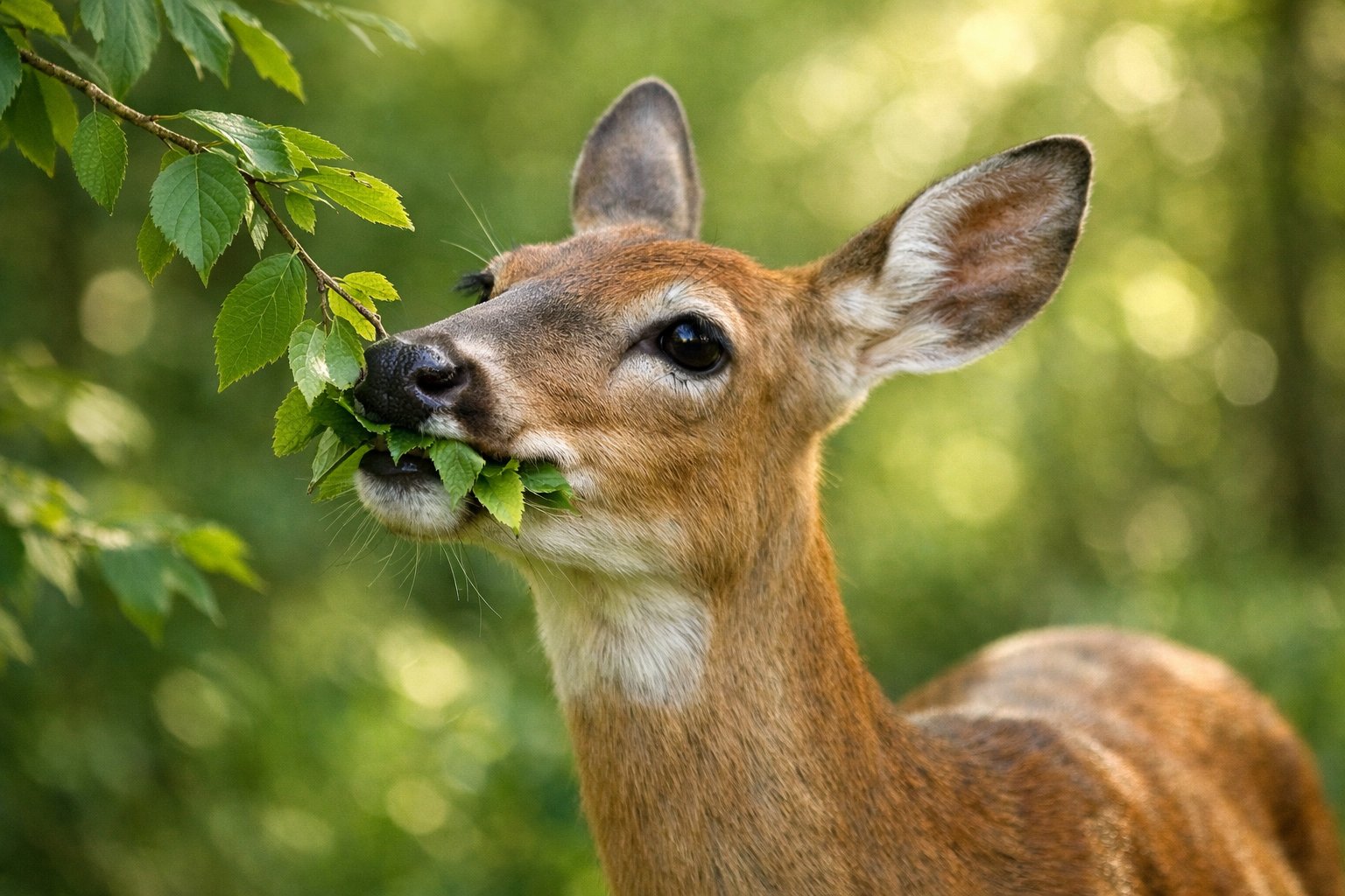 A deer eating leaves from a branch in a green forest.