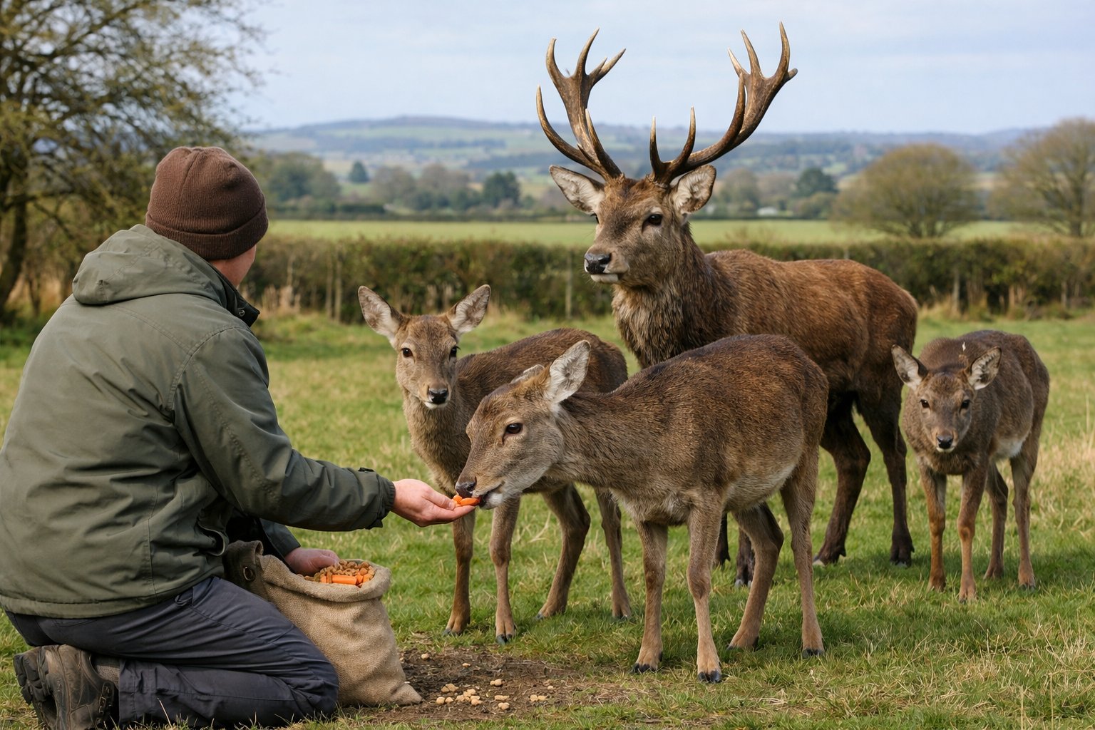 A person feeding wild deer in a green countryside setting with trees and hills.