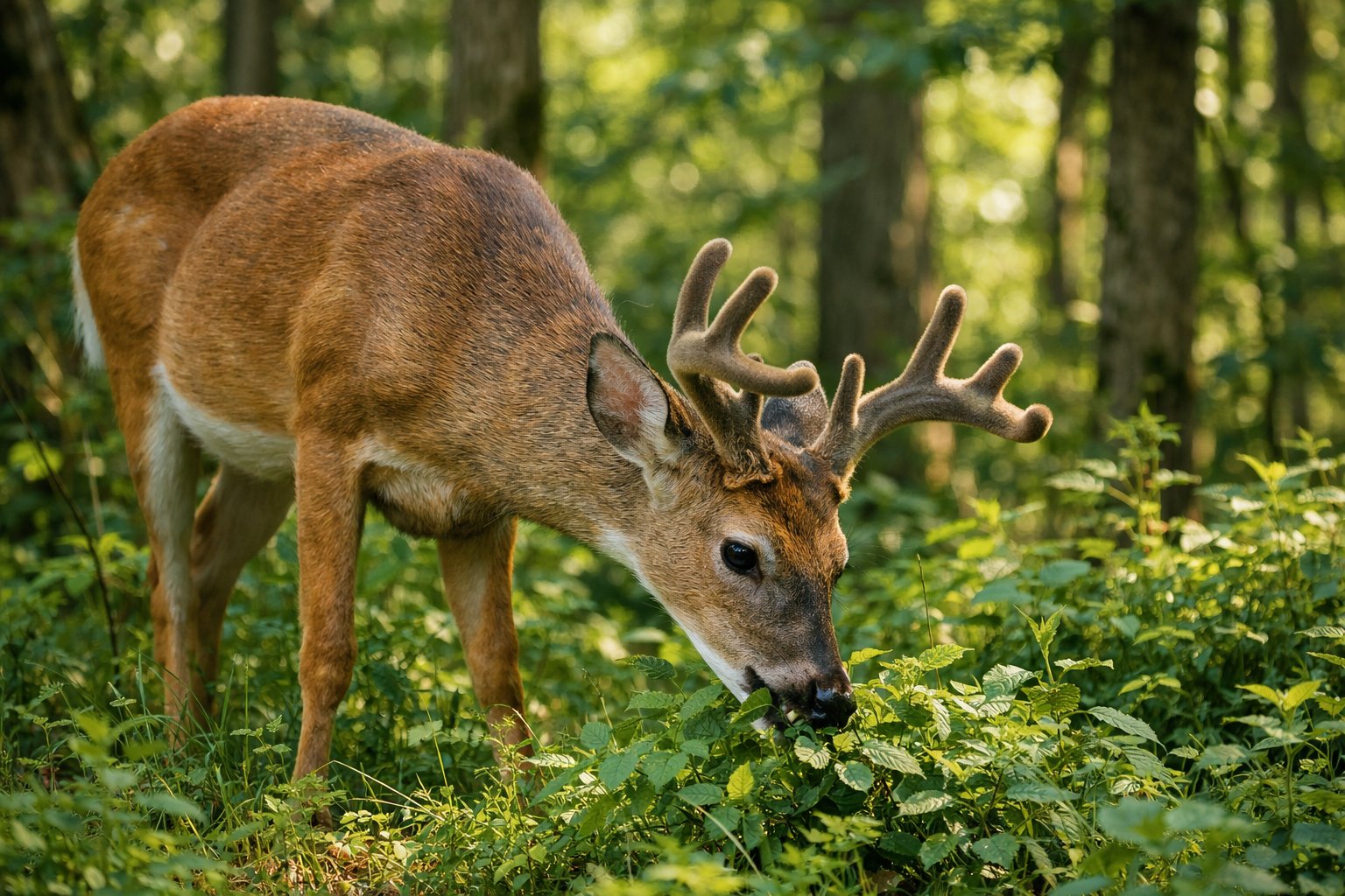 An adult deer grazing peacefully in a green forest with sunlight filtering through the trees.