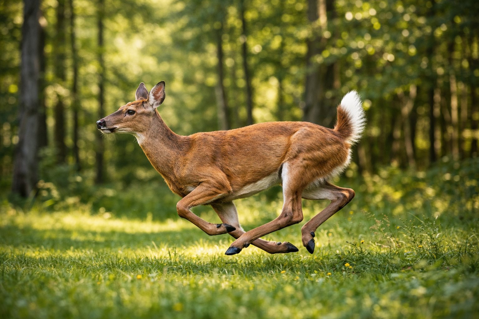 A deer running quickly through a sunlit forest clearing.