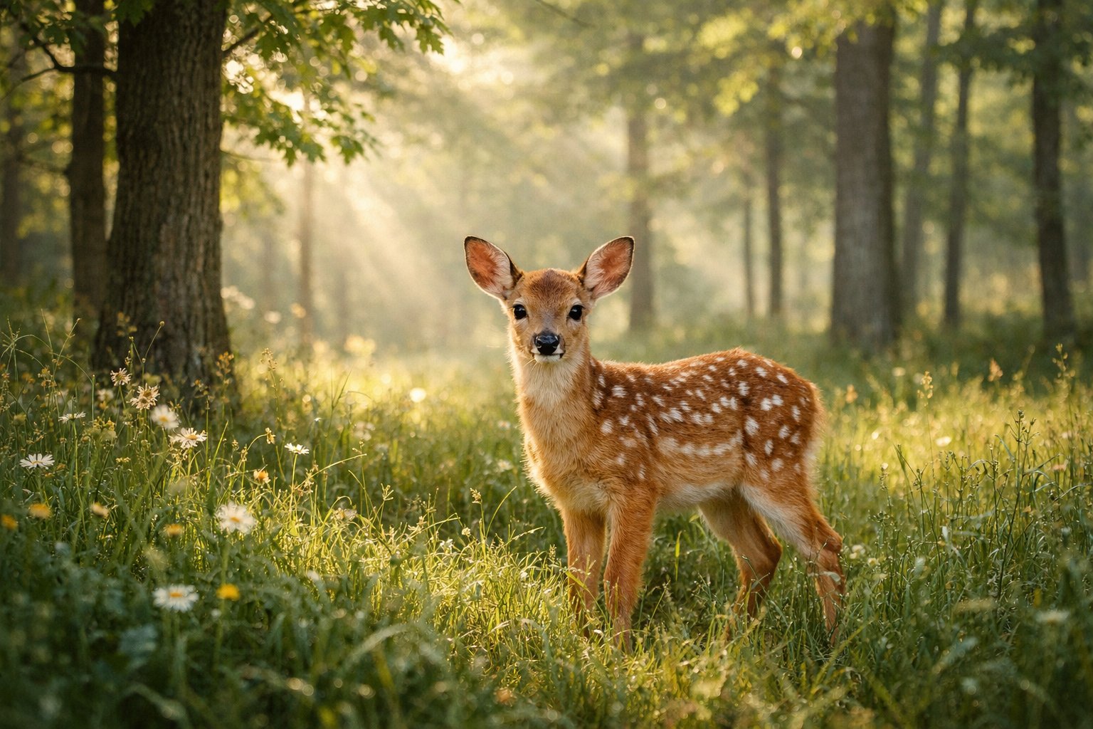 A baby deer standing quietly in tall grass in a sunlit forest.