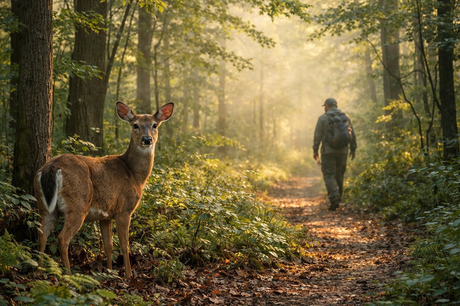 A deer standing alert in a forest with a hiker walking quietly on a path in the background.