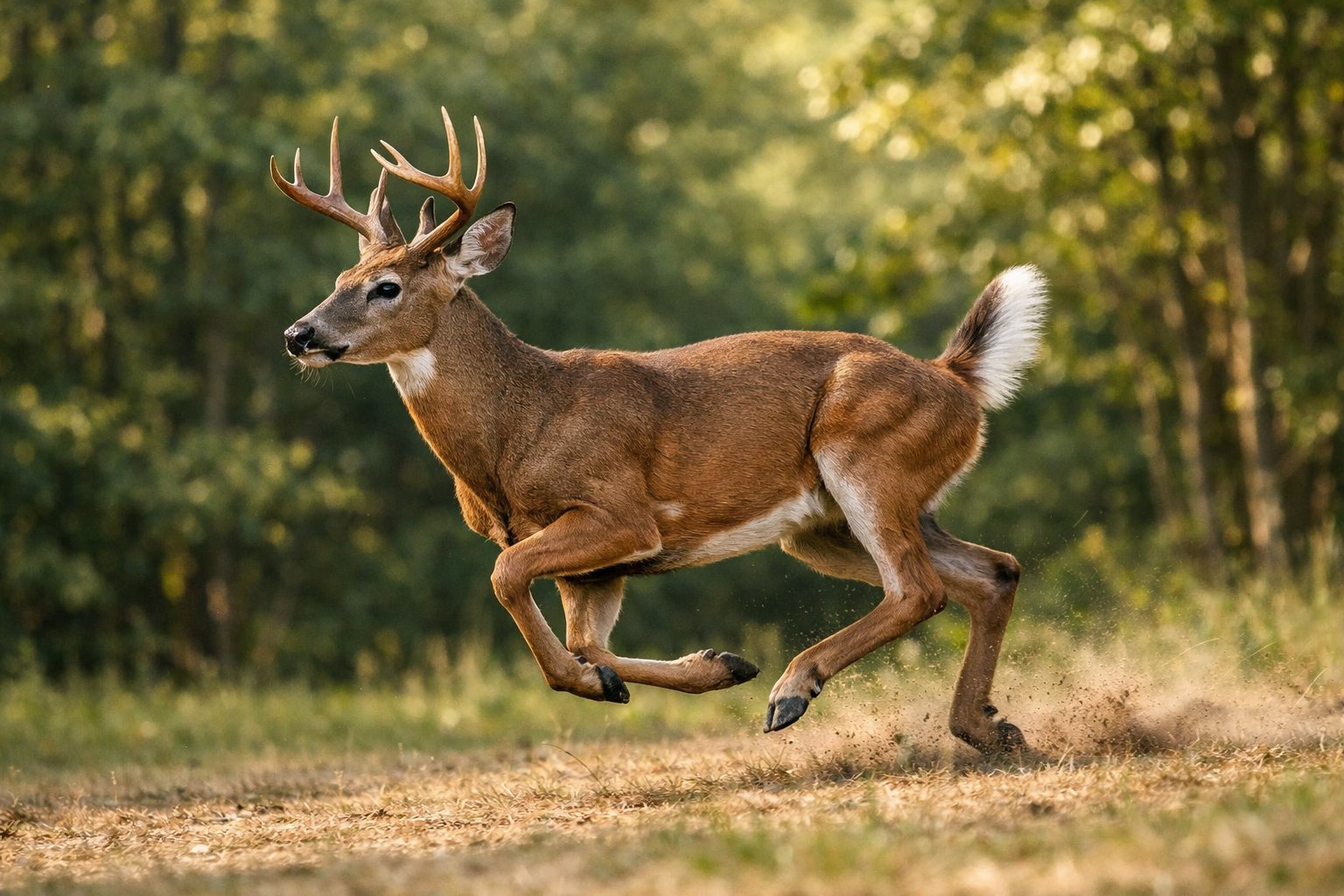 A deer running swiftly through a forest clearing with green trees in the background.