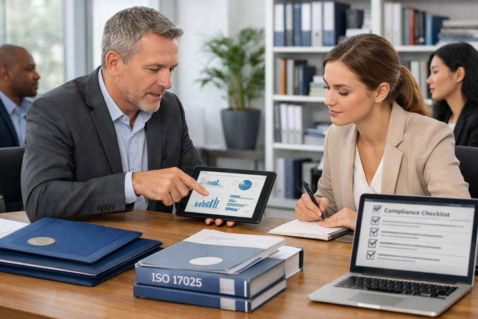 Business professionals discussing documents and charts in a bright conference room with accreditation certificates and technical manuals on the table discussing how to choose the right ISO 17025 accreditation body.