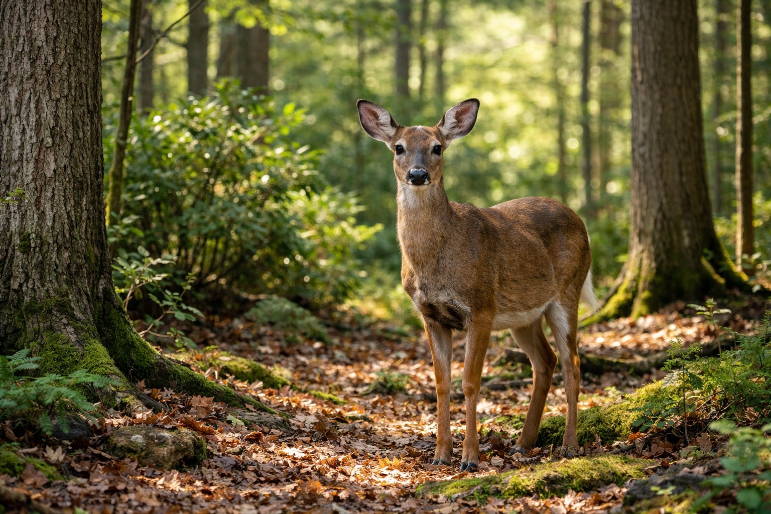 A deer standing alert in a sunlit forest with trees and foliage surrounding it.