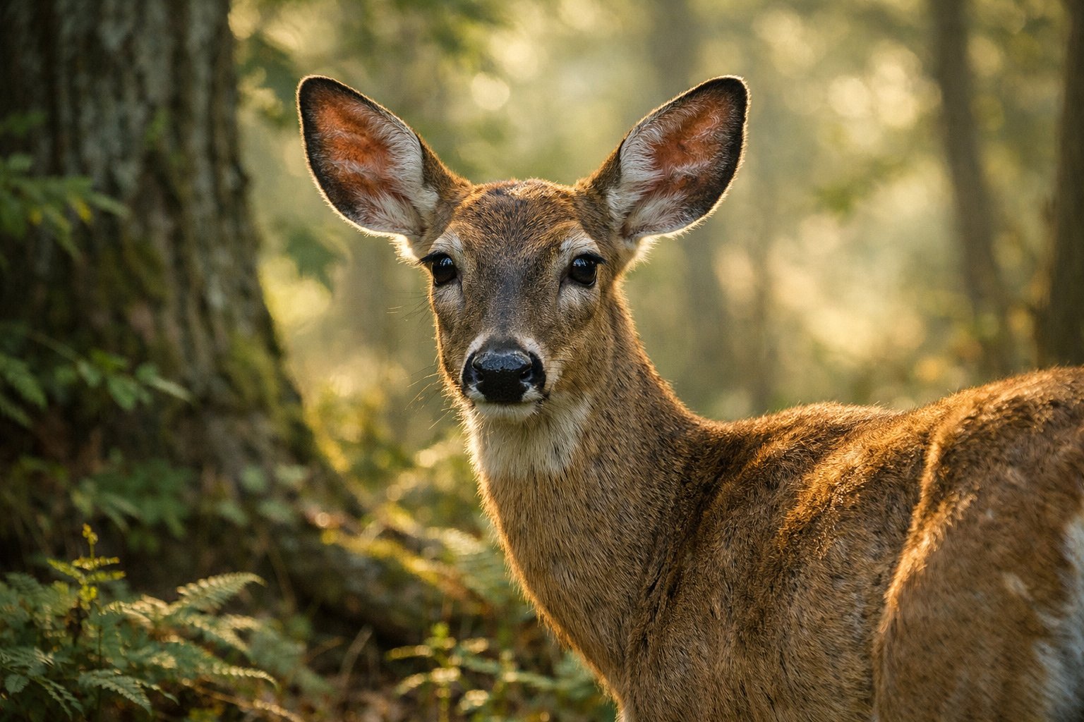 A deer standing quietly in a forest with its ears perked up, surrounded by trees and greenery.