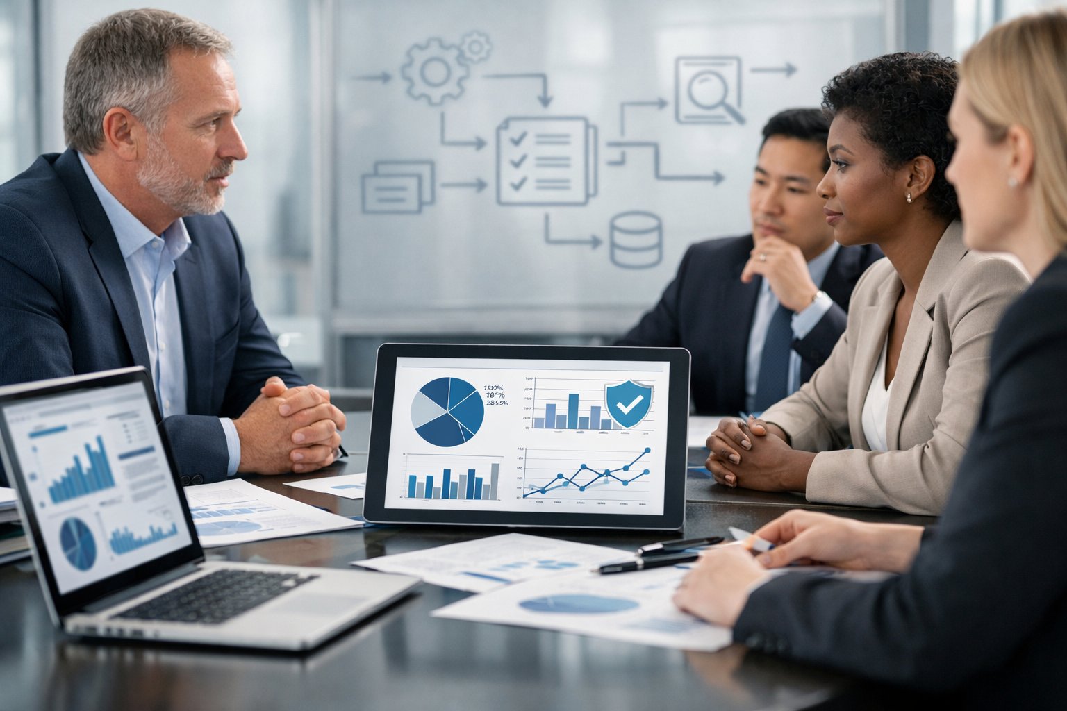 A group of professionals in a meeting room discussing documents and data related to quality management and accreditation, discussing how to choose the right ISO 17025 accreditation body.